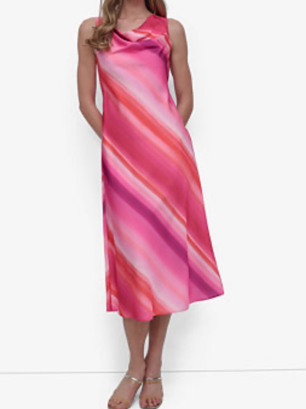 New DKNY Pink and Red Diagonal-Stripe satin Cowl Neck Midi Dress size 8 women’s